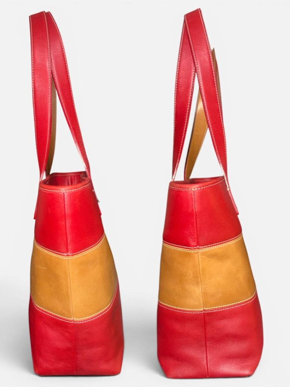 VTG Coach Legacy Rugby Stripe Colorblock Tote 9348 Red Tan Leather 90s + Hangtag - Picture 5 of 8